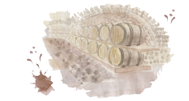 酒窖里有几桶酒。酿酒，葡萄酒生产。水彩插图。图片下载