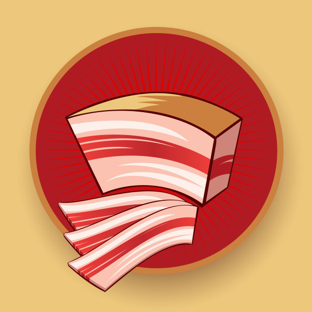 培根插图。培根会徽。圆形徽章上的一片又几片培根。图片下载