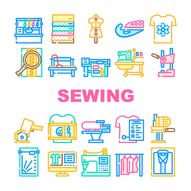 工厂缝纫缝机图标设置向量图片下载