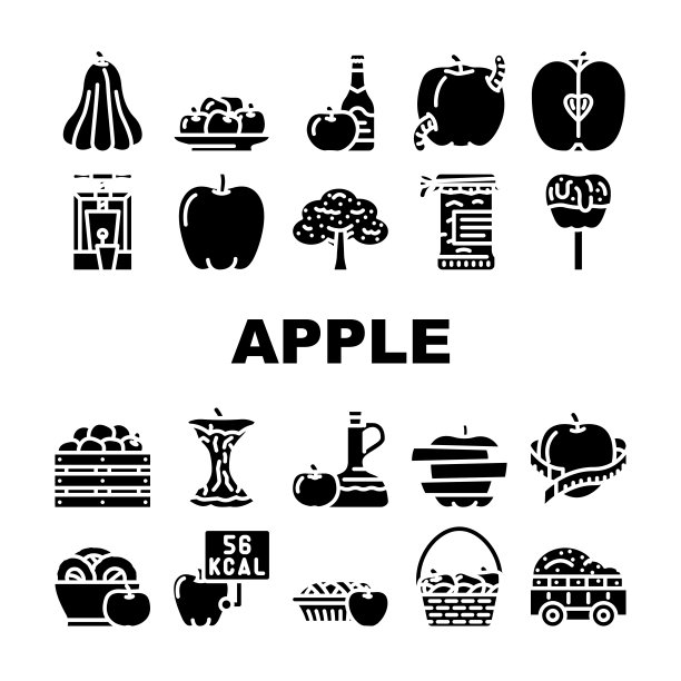 苹果红色食物绿叶新鲜图标设置矢量图片下载