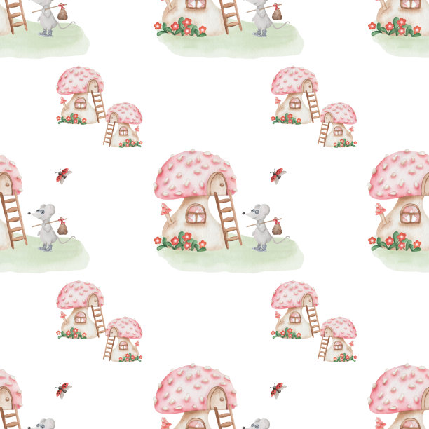 水彩无缝图案从手绘插图红色蘑菇房子花，灰老鼠，蝴蝶，瓢虫卡通风格。印刷在白色背景织物纺织品，墙纸图片下载