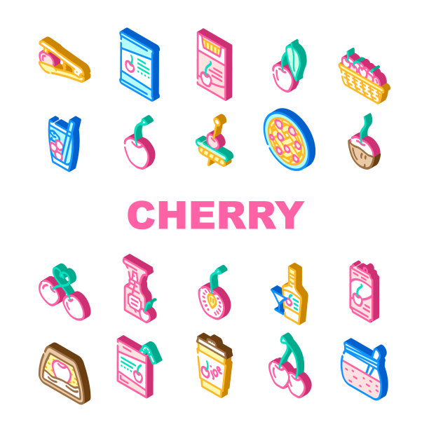 樱桃果实，红色，白色，浆果的叶子图标设置矢量图片下载