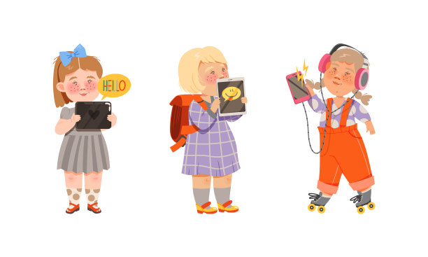 可爱的女孩使用现代小玩意让孩子们着迷图片下载