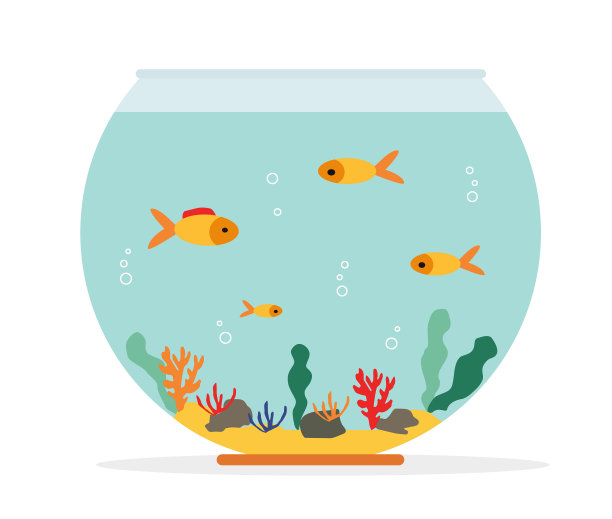 金鱼从鱼缸里跳出来。水族馆与游泳的黄金异域鱼。有海洋植物的水下水族馆栖息地。平面矢量绘制插图，孤立的对象。图片下载