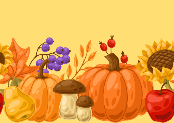 与秋季植物无缝图案。蔬菜和叶子的收获图。图片下载