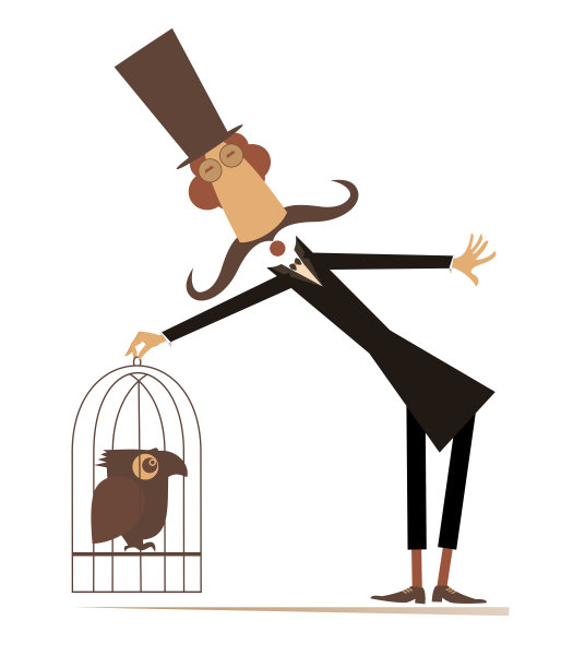 戴大礼帽的小胡子男人拿着一只鸟笼图片下载