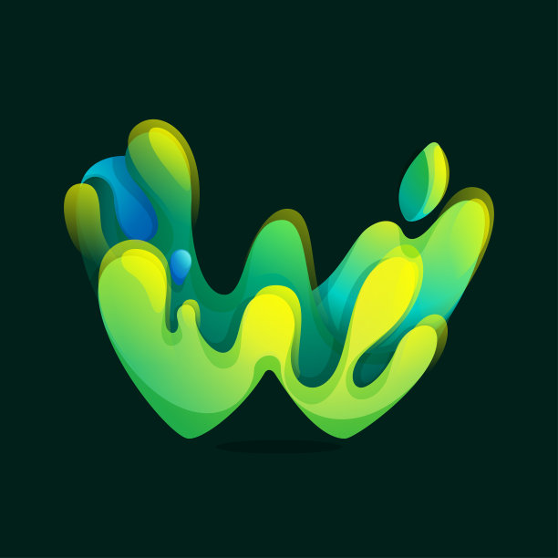 W字母生态标志由绿色和蓝色的浪花、纯净的水波和带有新鲜叶子的露珠组成。图片下载