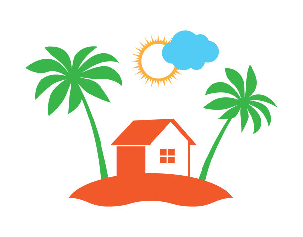 岛上有棕榈树，房子，太阳和云图片下载