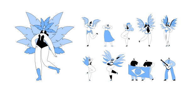 设置里约热内卢狂欢音乐家和艺术家，孤立的年轻男女与旗帜，弹吉他，舞者穿着异国情调的服装图片下载