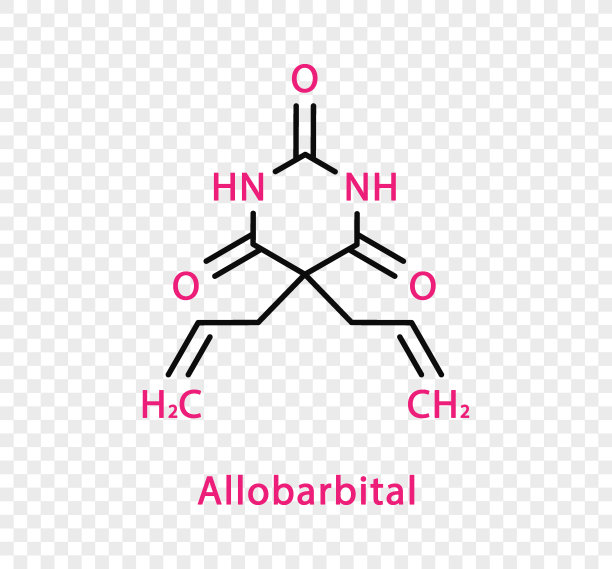 Allobarbital化学公式。在透明背景上分离的异巴比妥结构化学式。图片下载
