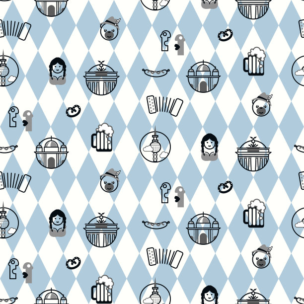 慕尼黑啤酒节背景与巴伐利亚符号图标无缝图案。图片下载