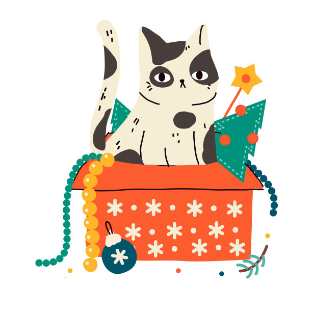 有趣顽皮的猫坐在带着小玩意儿的礼盒里。卡通动物庆祝圣诞和新年主题。矢量插图为冬季节日贺卡图片下载