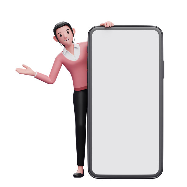 美丽的女人从一个大手机后面出现，一个穿着粉色毛衣拿着手机的商业女性的3d插图图片下载