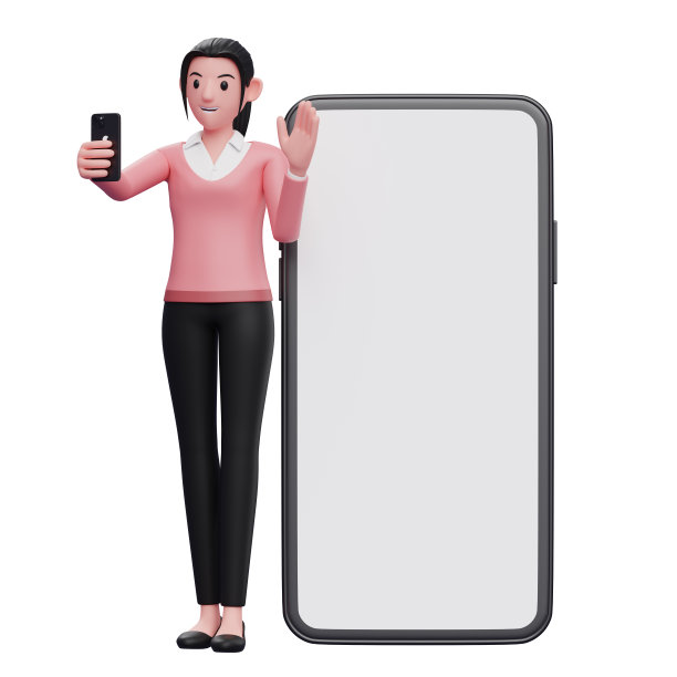 在大的电话背景上，女人站在视频电话和挥手，一个穿着粉色毛衣的商业女性拿着电话的3d插图图片下载
