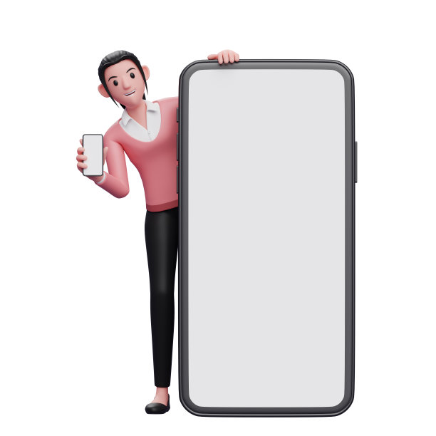 穿着粉色毛衣的3d女性站在一个大手机后面，同时显示手机屏幕，一个穿着粉色毛衣的商业女性拿着手机的3d插图图片下载