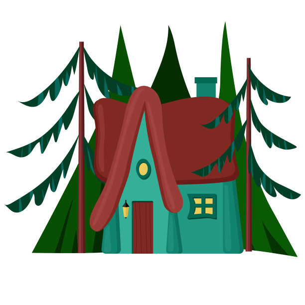 可爱的房子，背景是冷杉和松树。森林里的一座小房子。体系结构。卡通矢量图图片下载
