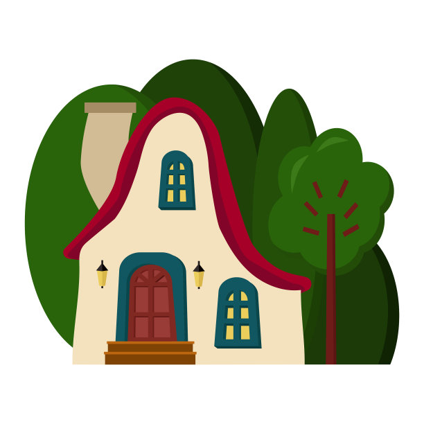 以树为背景的童话般的房子。带花园的房子。体系结构。卡通矢量图图片下载