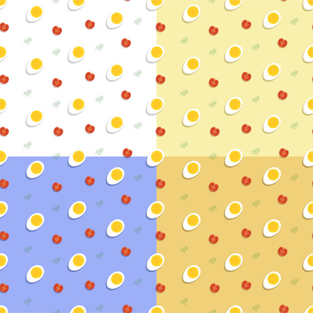 一套几何无缝图案煮鸡蛋，番茄和莳萝。健康的早餐。用于织物装饰和印刷的装饰物。设计元素。向量图片下载