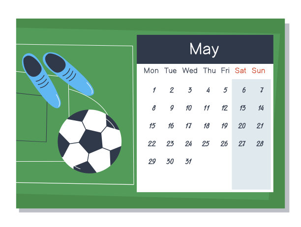 足球靴和球，俯视图。足球主题。2023年5月日历。一周从周一开始，周末尤为突出。时髦的平面矢量插图图片下载