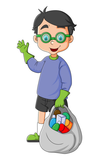这个勤奋的男孩正拿着装满垃圾的袋子挥手图片下载