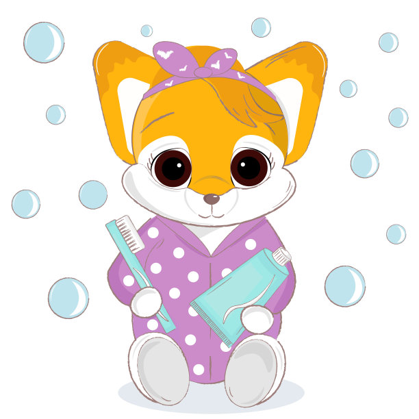 可爱的卡通狐狸配牙刷和牙膏的插图图片下载