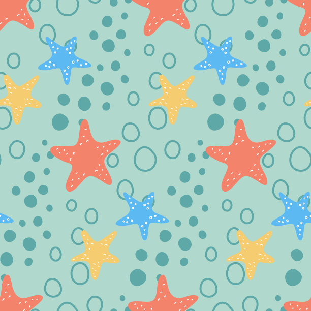 蓝绿色薄荷与海星和气泡无缝图案图片下载