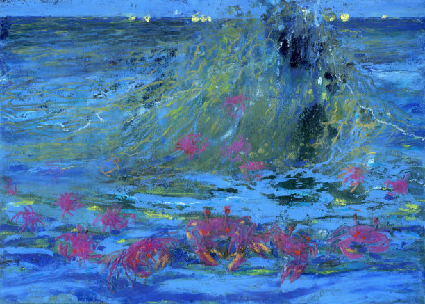 渔船在夜晚的海面上的灯光。海里的螃蟹。晚上海面。图片下载