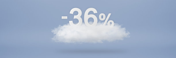 折扣36%。大折扣，最高可达三十六折。3D数字漂浮在蓝色背景的云上。副本的空间。在项目中插入广告横幅和海报图片下载