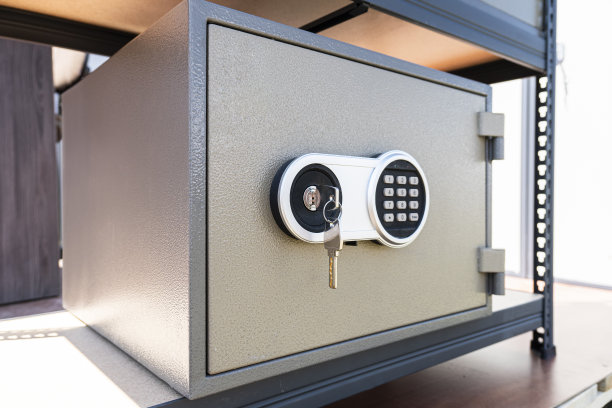 现金保险箱里的钱。一个金属保险箱和一把锁上的钥匙。图片下载