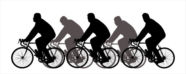 骑自行车的人。一个骑公路自行车的人。一群人肩并肩地骑着自行车。体育竞赛。骑自行车比赛。五个黑色男性的剪影被孤立在白色上图片下载