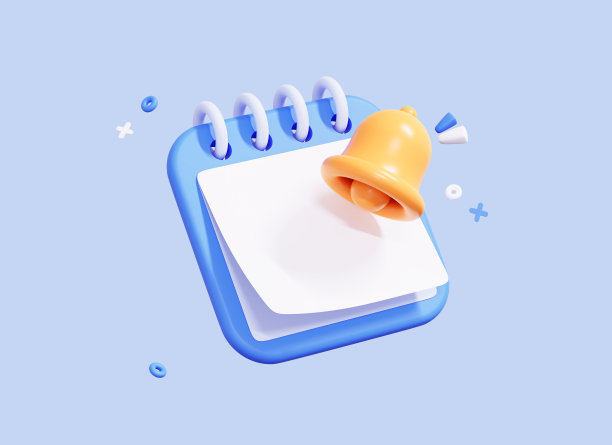 带铃铛通知的3D日历。事件提醒。最小的创意设计。白纸，空白的拷贝空间用于文本或日期。计划的概念。卡通图标孤立的蓝色背景。三维渲染图片下载