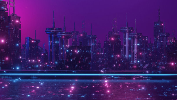 抽象的背景与紫色霓虹灯网格城市剪影在复古风格的3d渲染图片下载