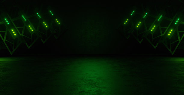 现代绿色未来科幻背景超现实技术地下大厅走廊隧道Led灯激光黑色背景建设3D渲染图片下载