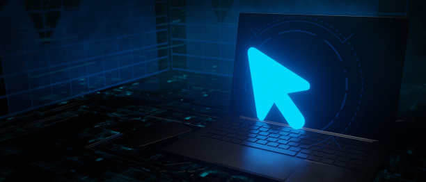 在笔记本电脑上发光的光标图标鼠标点击指针。互联网和连接概念。3D渲染图片下载