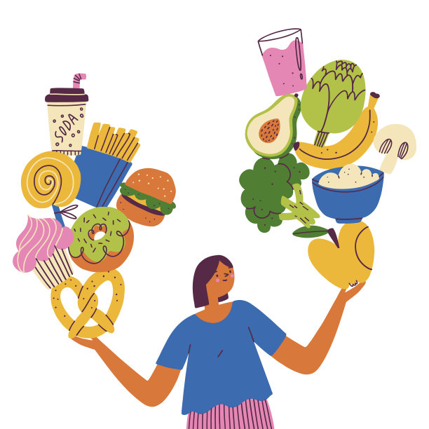 健康食品和快餐的女孩图片下载