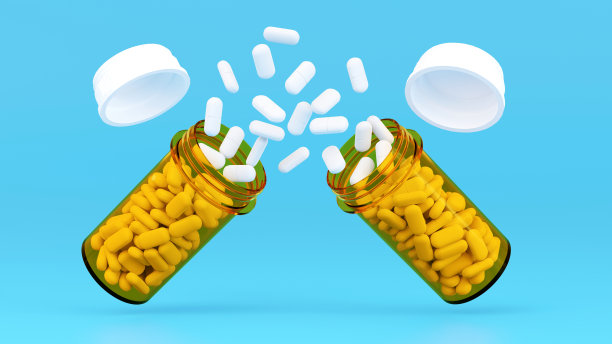 白色药丸和黄色药丸瓶，药瓶与药物，医疗概念，3D渲染。图片下载