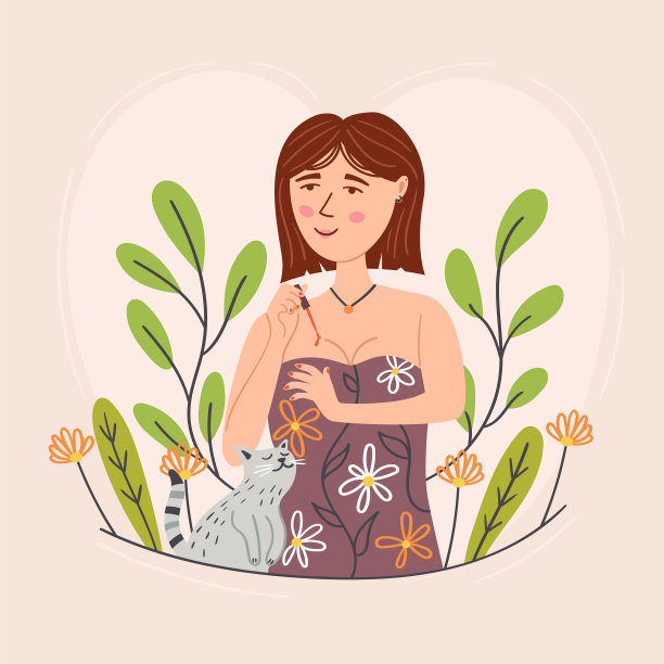 一个女孩和一只温柔的猫一起涂指甲图片下载