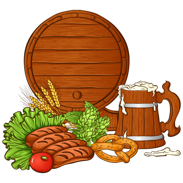 静物写生，一桶啤酒，香肠，木杯和啤酒花锥图片下载