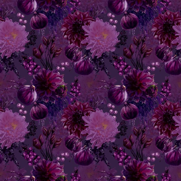 紫色的无缝模式。紫色的花，浆果和无花果。图片下载