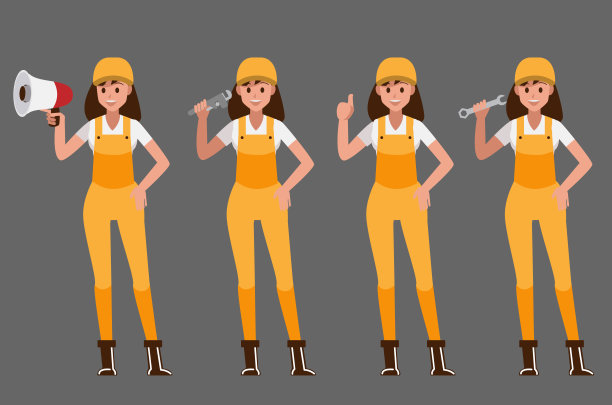 技术员女人和建设者和工程师女人和机械师集，矢量插图卡通人物。图片下载