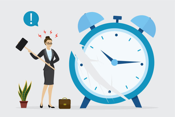 上班族或女商人用锤子砸大闹钟。在工作倦怠。业务压力,最后期限。对工作的不满。坏的时间管理。最后一次呼叫，最后一次倒计时。图片下载