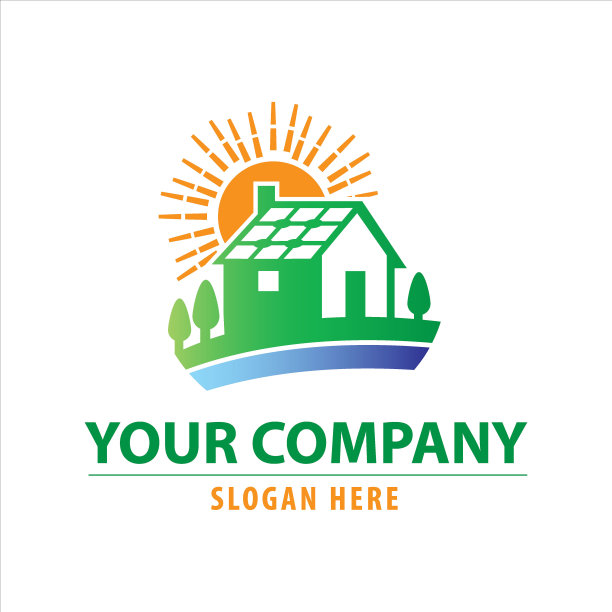 房屋农场标志，美丽的日出图标和屋顶上的电池图片下载