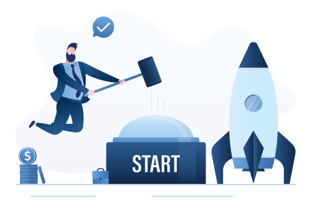 自信的商人在用锤子跳击大按钮。开始新的项目或启动。按下按钮。火箭准备启动。业务拓展，理念旗帜。图片下载