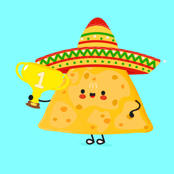 可爱有趣的玉米片手持金杯。矢量手绘卡通卡哇伊人物插图图标。孤立在蓝色背景上。拿着冠军奖杯的玉米片图片下载