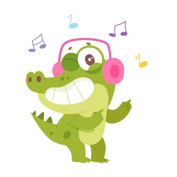 可爱的绿色鳄鱼角色戴着粉色耳机听有趣的丛林音乐图片下载