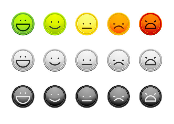 客户反馈矢量插图。客户满意度量表表情符号。从高兴到生气的情绪指标。明亮的色彩梯度版本:明亮，浅灰色和黑色。图片下载