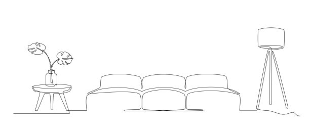 沙发、植物和灯的连续线条室内。一幅用现代家具绘制的客厅图。一行的家具。手绘轮廓。球根，花盆中的花。可编辑的笔画。涂鸦向量图片下载