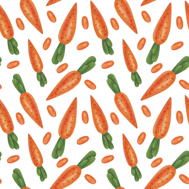 无缝图案与胡萝卜。收成。绘画。彩色铅笔。彩色插图。该印花用于墙纸设计、织物、纺织、包装。图片下载