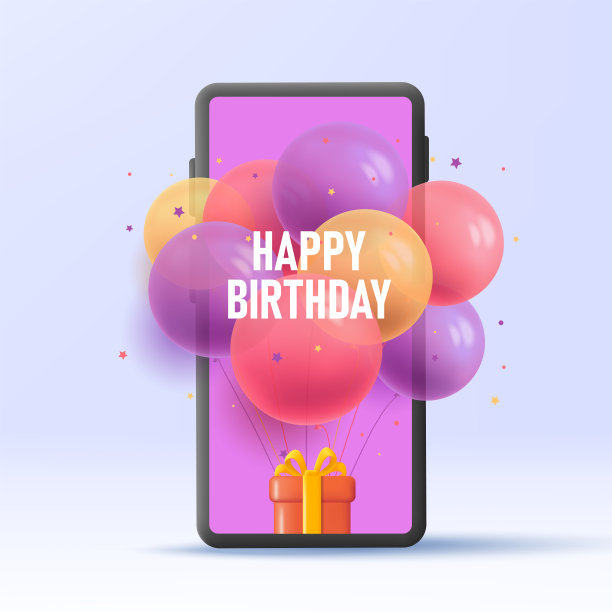 一个智能手机的3d插图，里面有礼盒，上面有很多气球，从屏幕上飞出来，虚拟的生日绿化图片下载