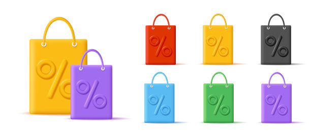 一套3d购物袋凸大百分比标志，彩色塑料单色物体图片下载